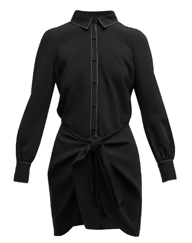 Cinq A Sept Gaby Tie-Waist Topstitched Solid Black Crepe Mini Dress Fashionable Party Mini Dress