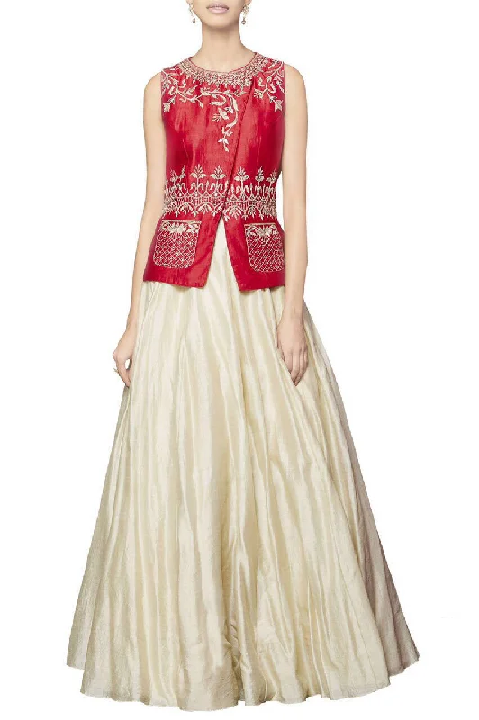 Red Blouse With Cream Skirt Satin Drape Blouse