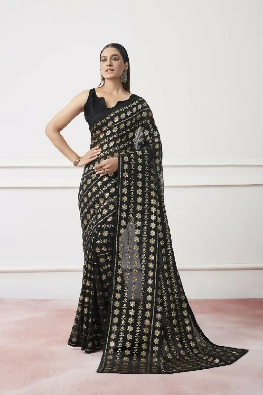 Black Georgette Sequance Embroidery Work Saree with Unstitched Blouse - Vandini Elegant Peplum Blouse Black Georgette Sequance Embroidery Work Saree with Unstitched Blouse - Vandini Elegant Peplum Blouse