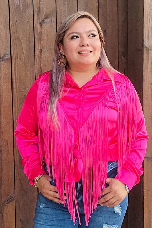 XCH13345 Pink button up long sleeve blouse w/fringe tassels Flowy Bohemian Blouse