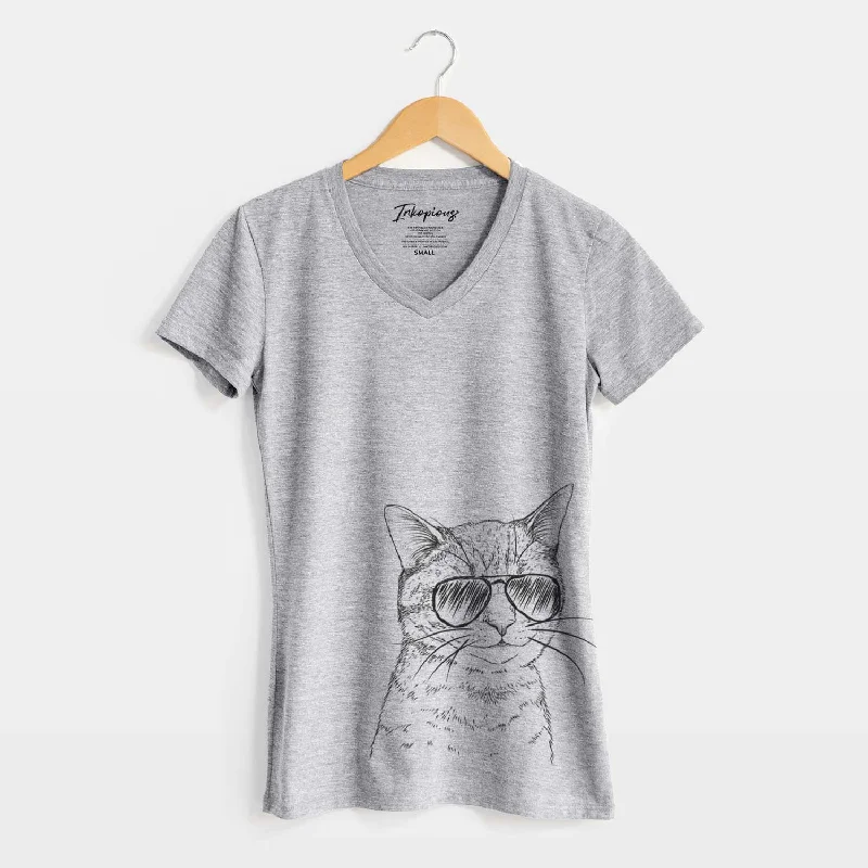 Aviator Dexter the Domestic Shorthair - Women's V-neck Shirt-- Satin Fabric Silk Fabric Chiffon Fabric
