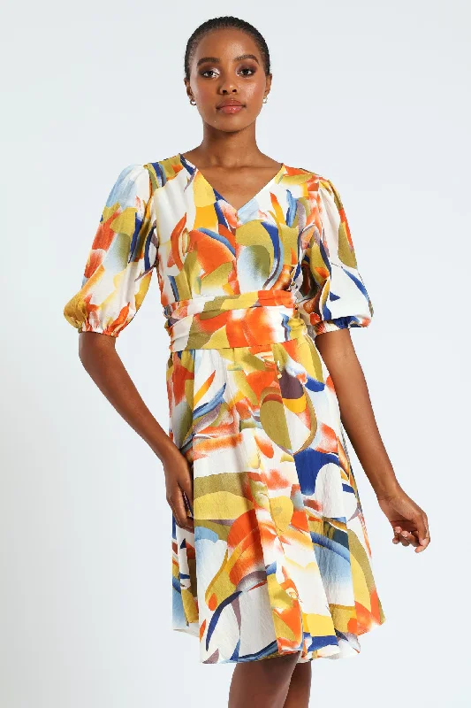 V-Neck Bandage Waist Fit & Flare Mini Dress - Multi Fashionable Off-Shoulder Mini Dress V-Neck Bandage Waist Fit & Flare Mini Dress - Multi Fashionable Off-Shoulder Mini Dress