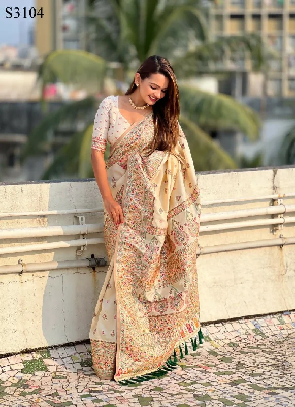 Yellow Pashmina Silk Wevon Kashmiri Meenakari Designer Saree with Unstitched Blouse - Vandini Sheer Sleeve Blouse Yellow Pashmina Silk Wevon Kashmiri Meenakari Designer Saree with Unstitched Blouse - Vandini Sheer Sleeve Blouse