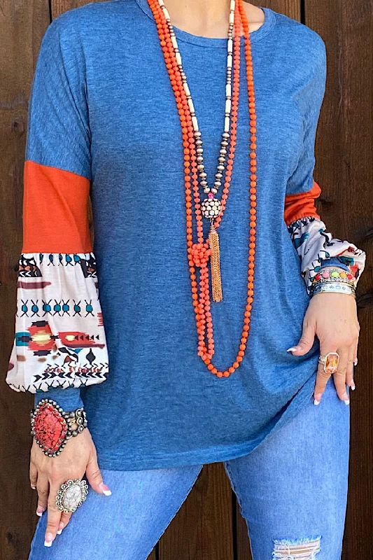 XCH10238 Blue blouse worange & Aztec bubble sleeves Elegant Office Blouse