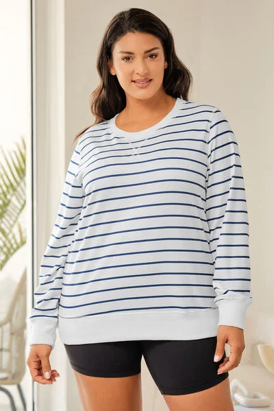 Neela Plus Size Striped Round Neck Long Sleeve T-Shirt-- Zippered Front Buttoned Front Snap Front Neela Plus Size Striped Round Neck Long Sleeve T-Shirt-- Zippered Front Buttoned Front Snap Front