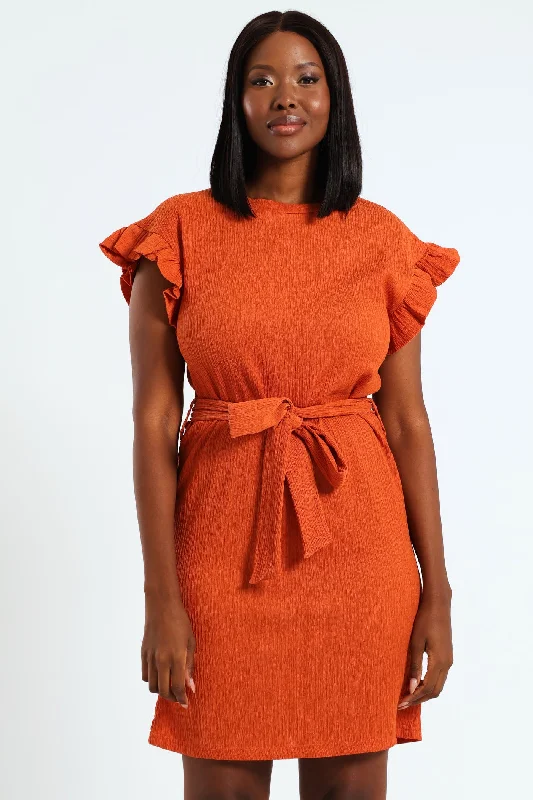 Frill Sleeve Belted Knit Shift Mini Dress - Rust Stylish Puff Sleeve Mini Dress
