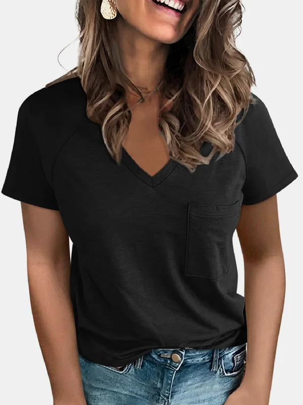 Alexa Pocketed V-Neck Short Sleeve T-Shirt-- Elegant Classic Vintage