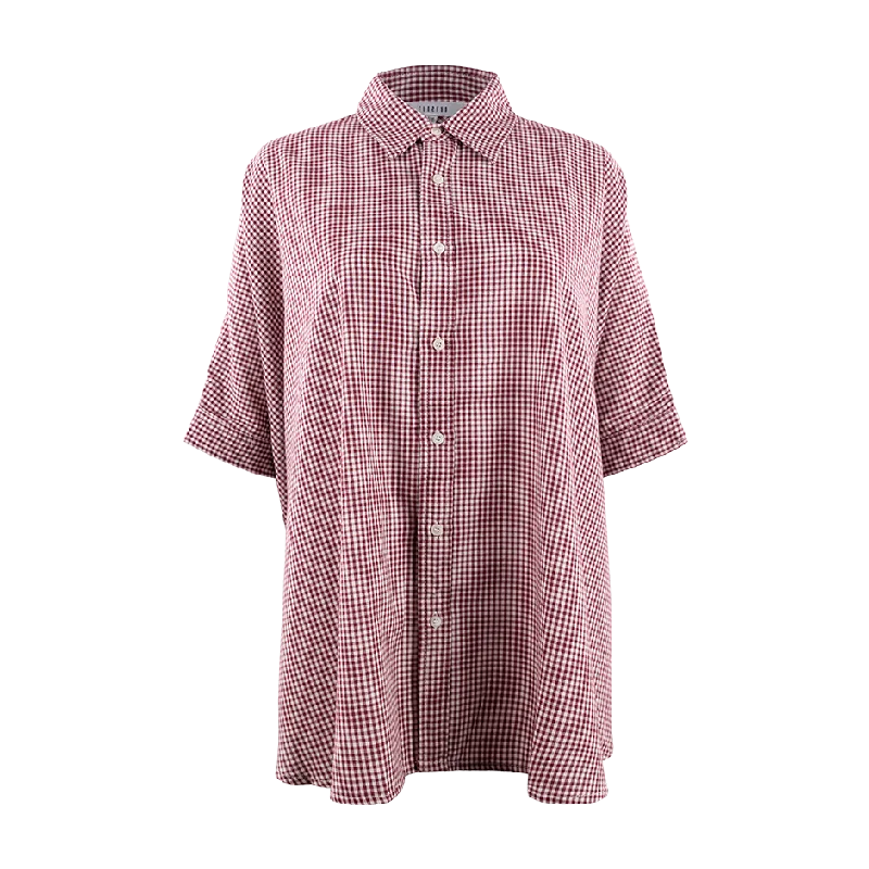 Maroon Oversized Gingham Button Down Blouse Feminine Puff Blouse