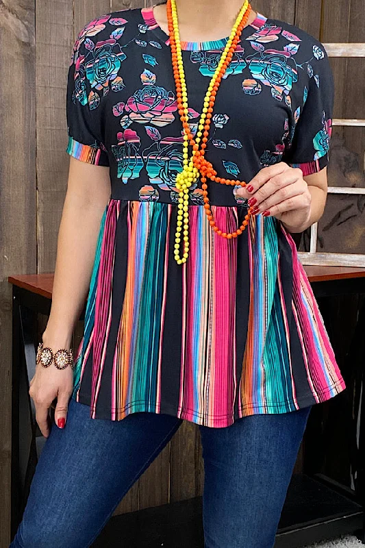 XCH11734 Multi color serape & floral printed baby doll blouse Silky Tunic Blouse