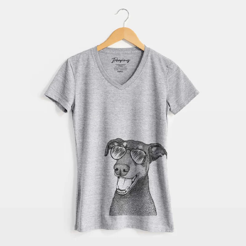 Aviator Bunnie the Doberman Pinscher - Women's V-neck Shirt-- Zippered Front Buttoned Front Snap Front
