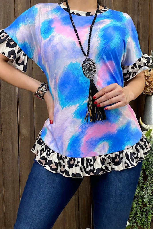 GJQ8711 Tie dye blouse w/leopard printed ruffle sleeves Gathered Detail Blouse