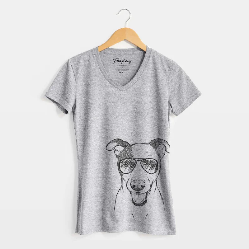 Aviator Bucky the Mixed Breed - Women's V-neck Shirt-- Jersey Fabric Tulle Fabric Batik Fabric
