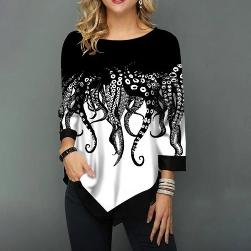 Womens Printed O-Neck Tunic Blouses Playful Puff Blouse