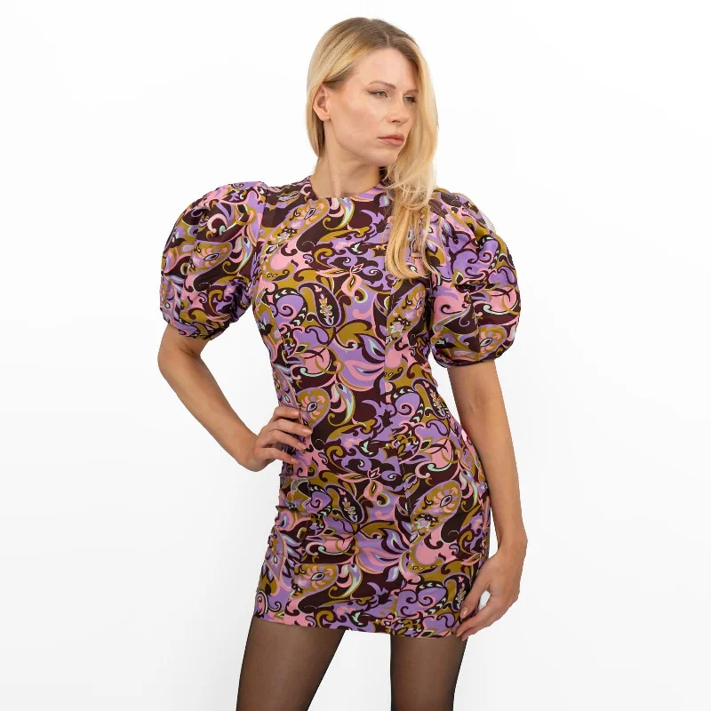 TED BAKER Short Puff Sleeve Pink Paisley Print Mini Dress Cozy T-Shirt Mini Dress