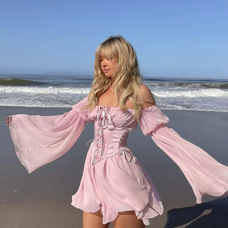 Women Fairy Pink Chiffon Mini Dress Chic Bandage Corset Vintage Long Puff Sleeve Sundress Slash Neck Bridesmaid Bodycon Beach Trendy Floral Mini Dress
