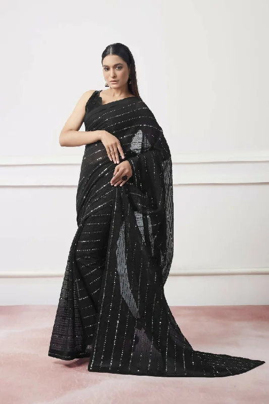 Black Georgette Sequance,Thread Embroidery Work Saree with Unstitched Blouse - Vandini Soft Knit Blouse Black Georgette Sequance,Thread Embroidery Work Saree with Unstitched Blouse - Vandini Soft Knit Blouse