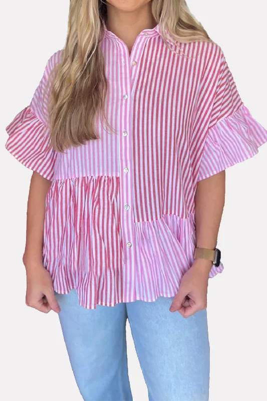 Summer Striped Button Up Flounce Sleeve Shirt-- Graphic T-Shirt Round Neck Polyester