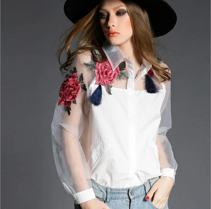 Womens Cute Embroidered Tops Spring Fashion High Street White Sheer Long Sleeve Blouse 606B High Neck Blouse Womens Cute Embroidered Tops Spring Fashion High Street White Sheer Long Sleeve Blouse 606B High Neck Blouse