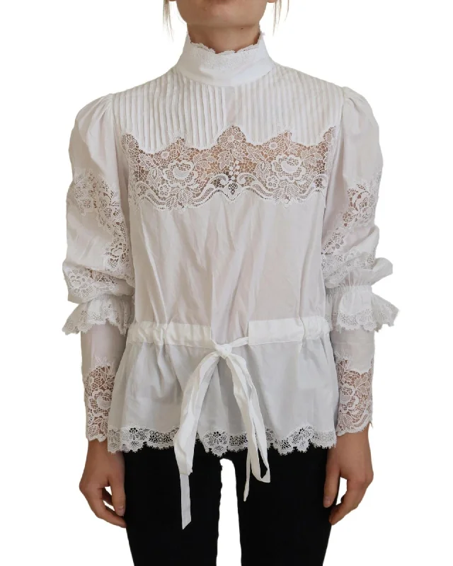 Dolce & Gabbana Lace Trim Turtle Neck Blouse Textured Cotton Blouse