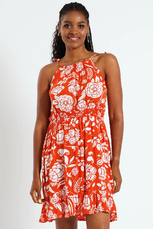 Strappy Shirred Waist Mini Dress - White/Orange Cozy Wraparound Mini Dress