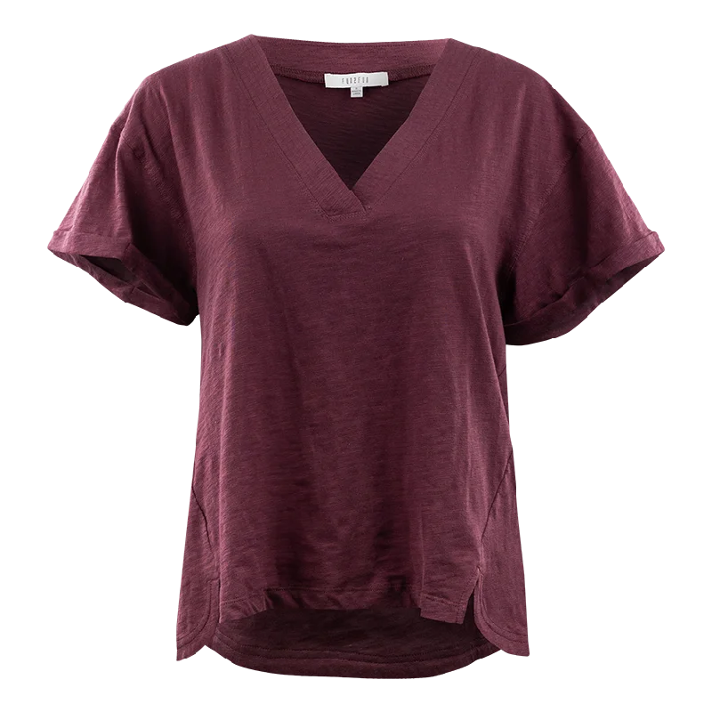 Maroon V-Neck Blouse with Rolled Sleeves Casual Relaxed Blouse