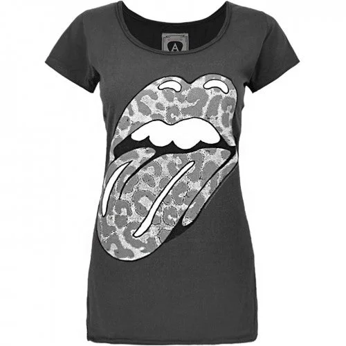 Amplified Womens/Ladies The Rolling Stones Leopard Lick T-Shirt-- Collared Crew Neck Turtle Neck