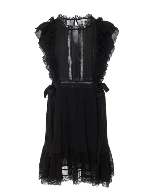 "Henriette" Black Lace Trim Side Tie Mini Dress Stylish Floral Print Mini Dress