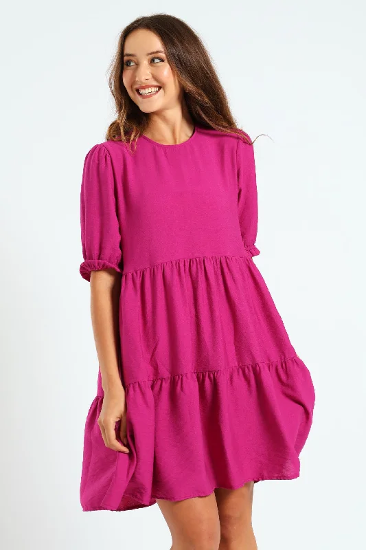 Puff Sleeve Tiered Flare Mini Dress - Magenta Trendy Tulle Mini Dress
