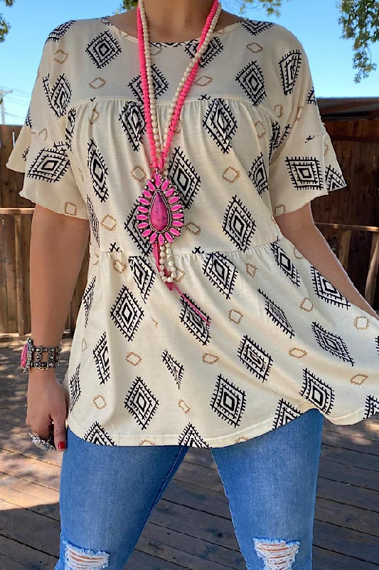 GJQ13383 Beige Aztec printed baby doll blouse Backless Summer Blouse