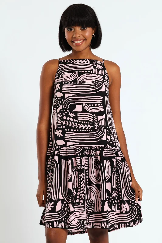 Hi-Neck Drop Waist Mini Dress Stylish Short-Sleeve Mini Dress
