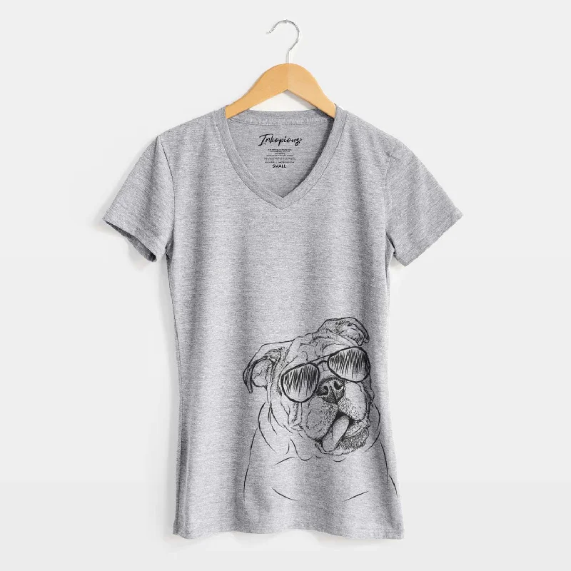 Aviator Benson the English Bulldog - Women's V-neck Shirt-- Terry Blend Velvet Blend Canvas Blend