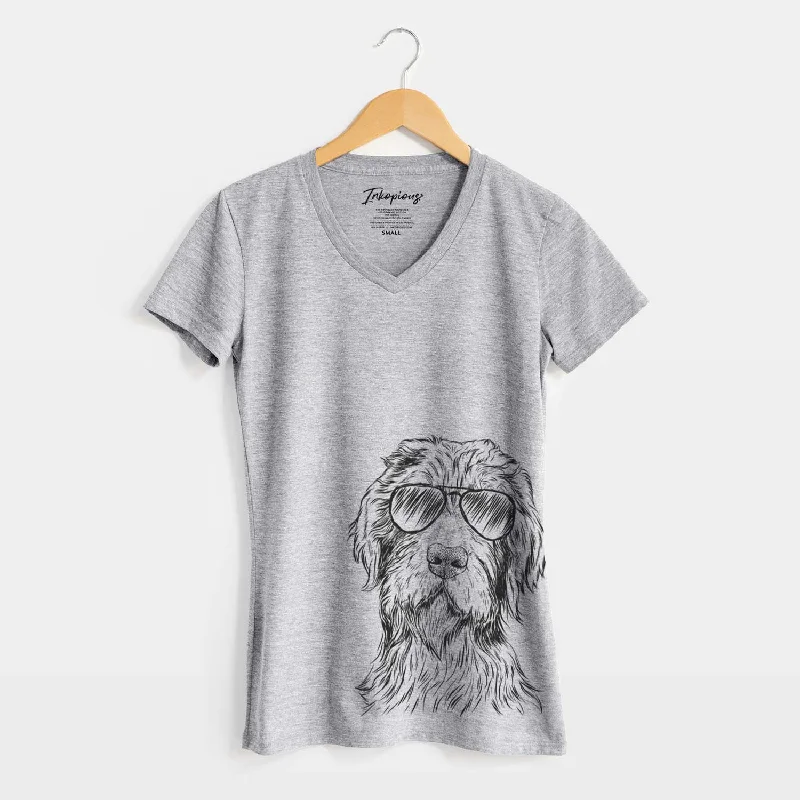 Aviator Doc Holliday the Pudelpointer - Women's V-neck Shirt-- Striped Floral Plaid