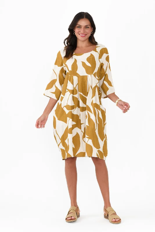 Myley Mustard Leaf Linen Cotton Dress Tunics Silk luxurious