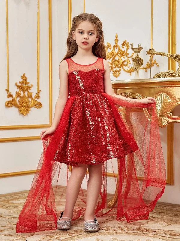 Tween Girls' Sleeveless Contrast Mesh Sequin Party Dress Tunics Distressed trendy