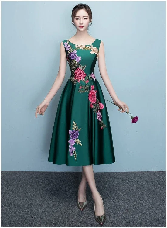 Lovely Dark Green Tea Length Simple Satin Bridesmaid Dress, Green Formal Dress Party Dress Tunics Lace romantic Lovely Dark Green Tea Length Simple Satin Bridesmaid Dress, Green Formal Dress Party Dress Tunics Lace romantic