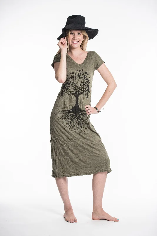 Womens Tree of Life V Neck Long Dress in Green Tunics Sophisticated sleek
