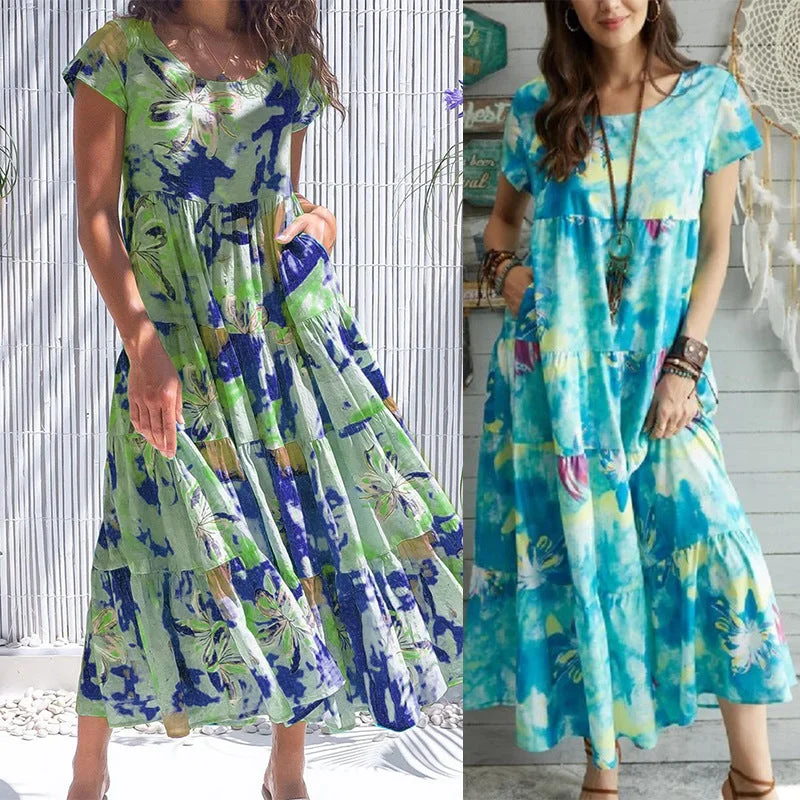 Tie Dye Green Print Short Sleeve Loose Dress Flowy O-Neck Beach Evening Party Dress Tunics Luxurious premium