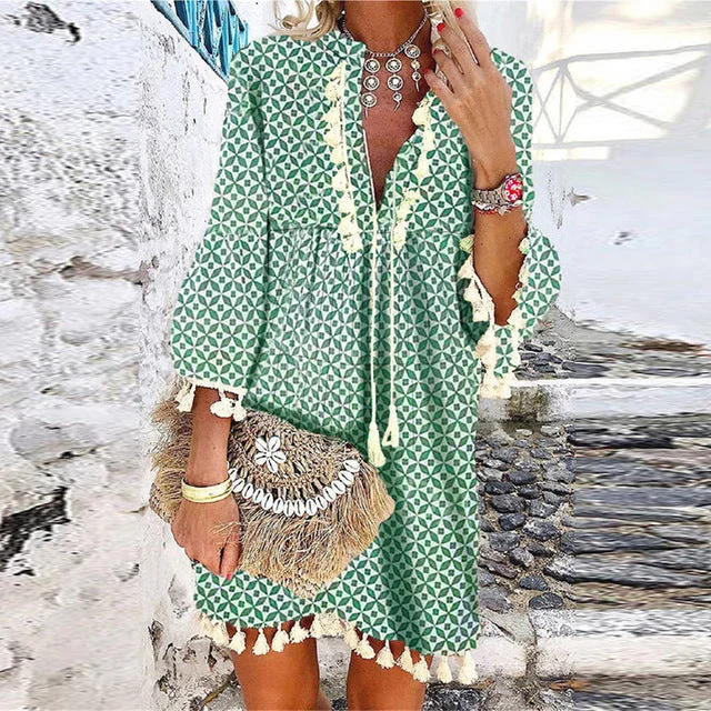 Summer Tassel Design Lady Party Dress Fashion Deep V Neck Tunics Versatile functional Summer Tassel Design Lady Party Dress Fashion Deep V Neck Tunics Versatile functional