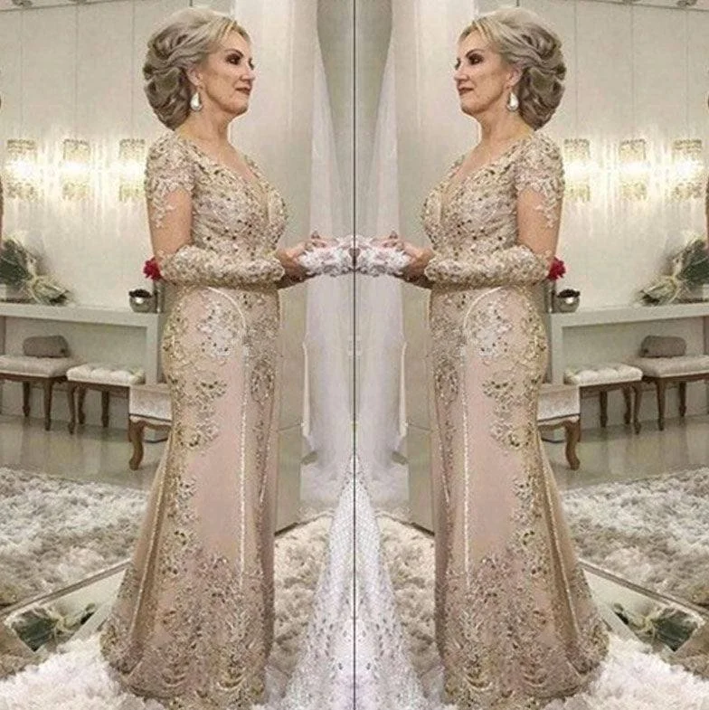 Plus Size Mother Of The Bride Dresses Mermaid V-neck Long Sleeves Tulle Appliques Beaded Long Wedding Party Dress Mother Dresses Pencil Length Work