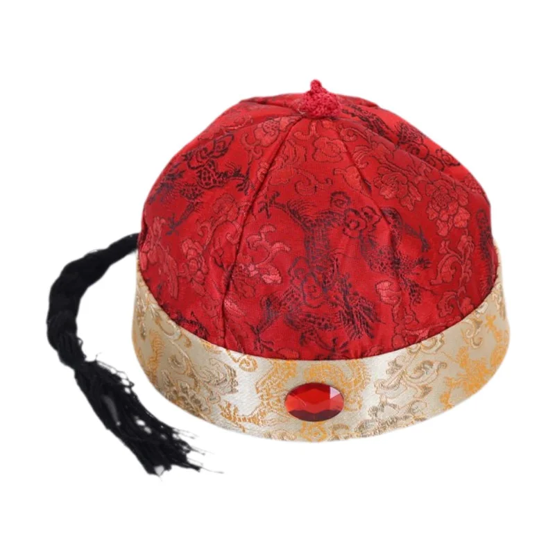 Chinese Oriental Hat Qing Party Cosplay Cap for Theme Party Dress up Cosplay Dark Red 58cm Glittery Long Formal