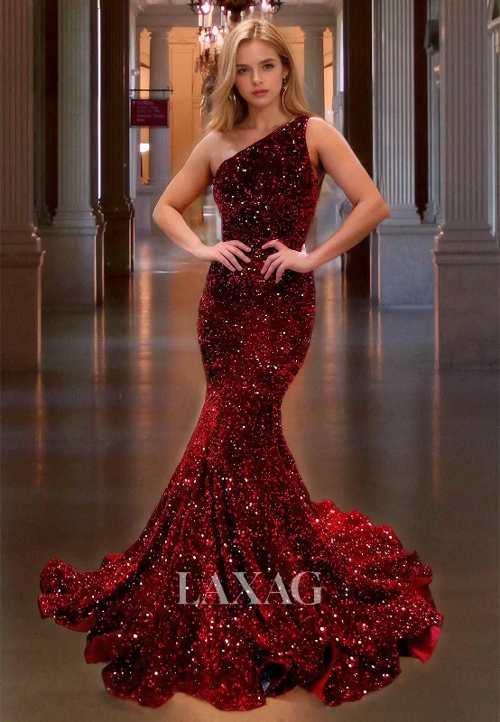 Asymmetrical Neck One-Shoulder Mermaid Prom Dress Allover Sequins Party Dress with Train Tunics Sophisticated sleek Asymmetrical Neck One-Shoulder Mermaid Prom Dress Allover Sequins Party Dress with Train Tunics Sophisticated sleek