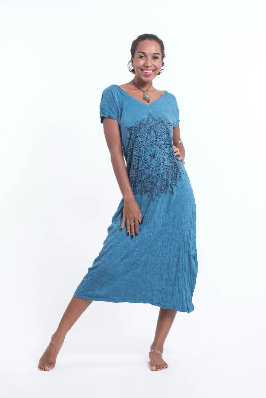 Womens Lotus Mandala V Neck Long Dress in Denim Blue Tunics Custom made