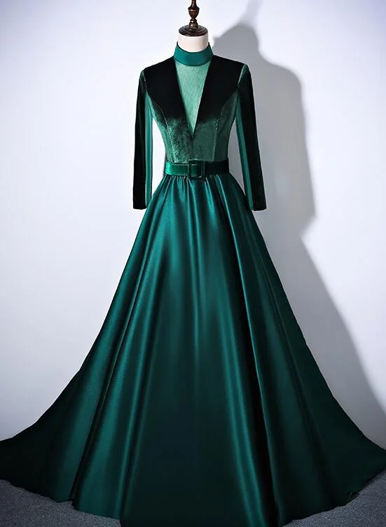 Green Satin and Velvet Long Evening Dress Party Dress, Long Sleeves Formal Dresses Tunics Short Trendy Green Satin and Velvet Long Evening Dress Party Dress, Long Sleeves Formal Dresses Tunics Short Trendy