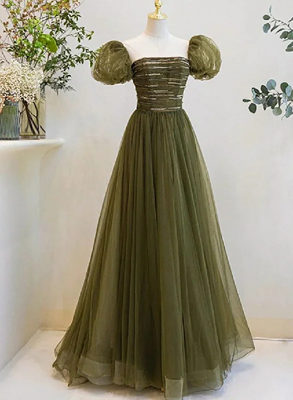 Light Green Short Sleeves Tulle Sequins Long Junior Prom Dress, Green Party Dresses Pleated Skirt Elegant