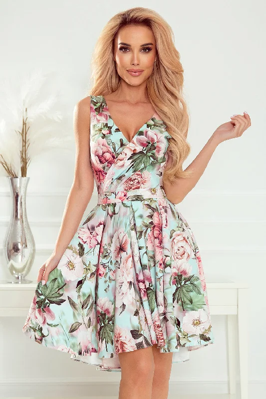 Dress with longer back; neckline and belt - pink flowers Tunics Stylish elegant