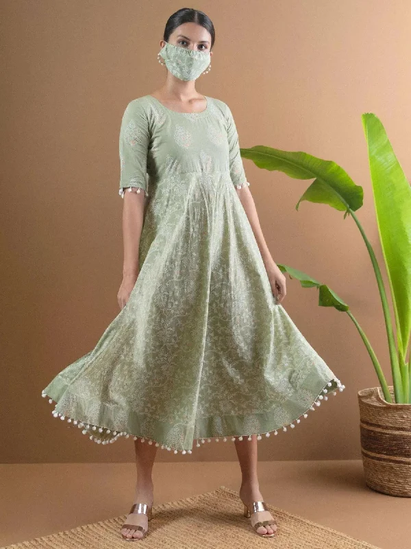 Green Printed Cotton Dress With Mask Cowl Neckline Elegant