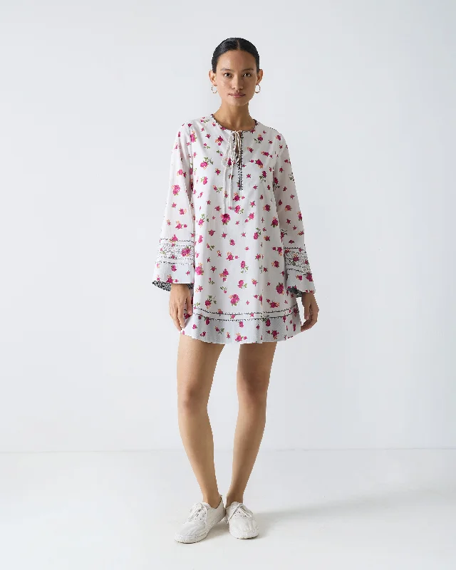 Shiro Beach Dress - White & Fuchsia Print Boat Neckline Classic