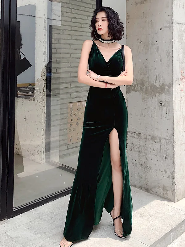 Dark Green Velvet Long Straps Floor Length Party Dress, Green Prom Dress Formal Dress Turtleneck Warm Winter Dark Green Velvet Long Straps Floor Length Party Dress, Green Prom Dress Formal Dress Turtleneck Warm Winter