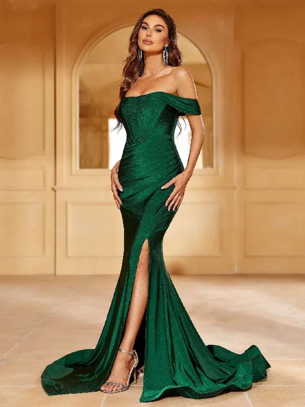 Elegant Off Shoulder Ruched Wrap Hem Party Dress Tunics Solid Classic