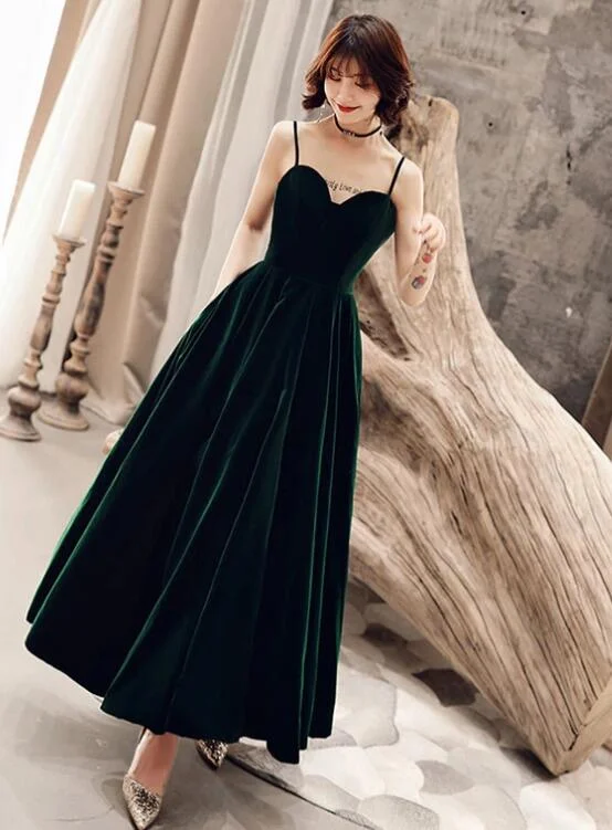 Dark Green V Back Long Velvet Elegant Party Dress, A-line Straps Bridesmaid Dress Tunics Business professional Dark Green V Back Long Velvet Elegant Party Dress, A-line Straps Bridesmaid Dress Tunics Business professional
